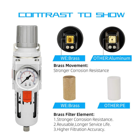Comparison showing Half Inch NPT Compressed Air Filter Regulator Combo With Piggyback Design, brass vs aluminum and PE components.