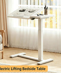 Stylish Electric Height Adjustable Mobile Overbed Side Table With Quiet Lifting Motor, Digital LED Display, Hidden Rolling Wheels, And Sleek Design For Ultimate Comfort And Versatile Usage In Any Bedroom Or Home Office Setup Today, featuring a tilted wood top and a minimal design.