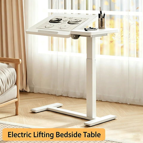 Stylish Electric Height Adjustable Mobile Overbed Side Table With Quiet Lifting Motor, Digital LED Display, Hidden Rolling Wheels, And Sleek Design For Ultimate Comfort And Versatile Usage In Any Bedroom Or Home Office Setup Today, featuring a tilted wood top and a minimal design.