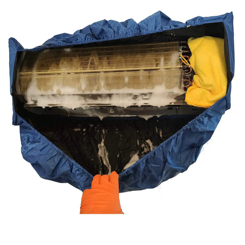 Waterproof Cleaning Protector Bag For Mini Split AC Indoor Unit 18000 BTU 24000 BTU 36000 BTU with soapy water inside.