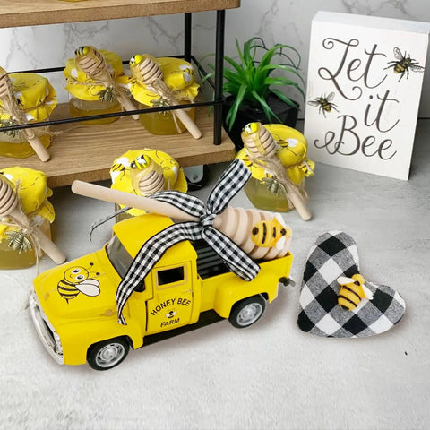 Mini Honey Yellow Chevy Truck Decor with Buffalo Check Heart for Bee Themed Farmhouse Tables Tiered Trays Risers