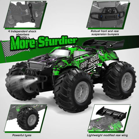 All Terrain Remote Control Off Road Truck For Kids 1 To 20 Scale, Dual Motors, 10 Km Per Hour, 2.4Ghz, LED Lights, Rechargeable Battery