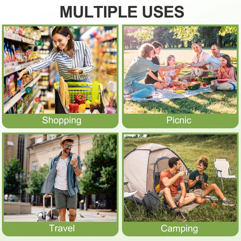 Collage showing multiple uses of folding shopping bag with wheels: shopping, picnic, travel, camping; ideal for groceries, travel, errands.