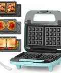 Bakers Friend Three In One Mini Waffle Maker With Swap Plates For Pancakes Grilled Cheese & Steak Indoor Grill Aquamarine with three inserts.