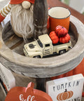Fall Harvest Mini Metal Truck Decor With Three Pumpkins on tiered tray, vintage diecast farm truck, Thanksgiving home decor accent