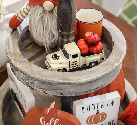 Fall Harvest Mini Metal Truck Decor With Three Pumpkins on tiered tray, vintage diecast farm truck, Thanksgiving home decor accent