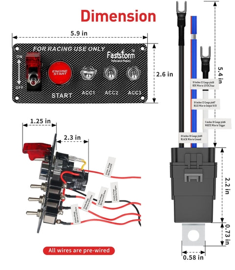 Diagram showing dimensions and components of 12V 5 In 1 Ignition Panel With Engine Push Button Start Toggle Switches Relay Wiring Harness And LED.