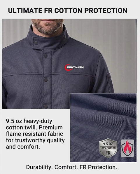 Heavy Duty Flame Resistant Welding Jacket For Men With 9.5 Oz 100 Percent Cotton Fabric Nfpa 2112 Certified Job Site Workwear Featuring Reflective Backstrip And Durable Daily Grind Comfort