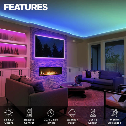 Color Changing RGB LED Strip Light 16.4 Ft With Motion Sensor And Remote used in a modern living room setting.