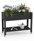 Black Elevated 21 Gallon Garden Bed With Legs And Wheels, Planter Box With Drainage Plug And Gauge, Handy Lower Shelf For Tools
