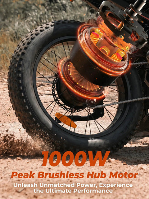 Powerful 1000W Fat Tire Electric Bike For Adults And Teens, 20 MPH Top Speed, 20x4 Fat Tires, Removable 10.4Ah Battery, USB Charging Port, 7-Speed Mountain And Commuter Ebike, Four Bikes In One For City, Trail, Snow And More. Rear fat tire and 1000W hub motor on dirt trail