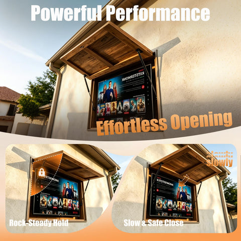 Heavy Duty Gas Struts With Mounting Brackets Set Of Two shown in use for effortless opening of an outdoor TV cabinet.