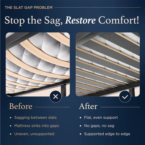 Heavy Duty Full Bed Slats Provide Rock Solid Mattress Support before and after installation comparison