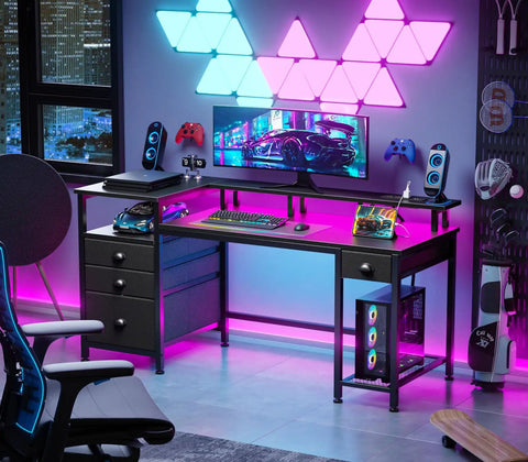 60 Inch Black Computer Desk With 4 Drawers And Printer Space, LED Lights, USB Power Outlets, Fabric File Cabinet, And Shelving