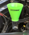 Green No Spill Oil Funnel Kit with 8 Attachments and Transparent Chamber for Direct Fit Threaded Filler Necks in engine bay