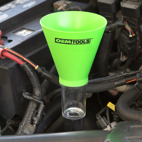 Green No Spill Oil Funnel Kit with 8 Attachments and Transparent Chamber for Direct Fit Threaded Filler Necks in engine bay