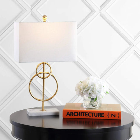 26 Inch Gold Leaf And White Marble Modern Circle LED Table Lamp With White Linen Shade on round black table display