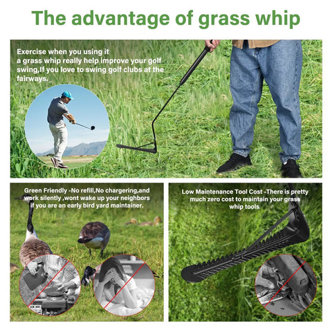 Man using 36 Inch Grass Whip With Double Edged Serrated Blade For Tall Grass And Overgrown Weeds in yard