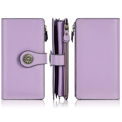 Women's RFID Blocking Trifold Wallet With Large Capacity Card Holder Purse, 25 Card Slots, Clear ID Windows, Zipper Pocket, purple view
