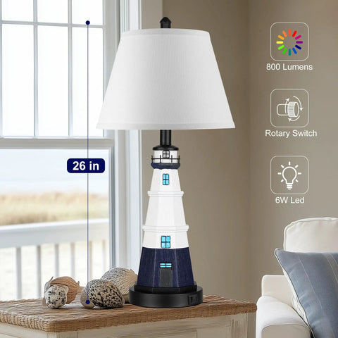 Table lamp with lighthouse design, white shade, 26 in. tall on wooden table near window. 800 lumens, rotary switch, 6W LED