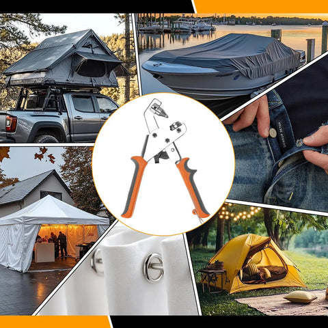 Heavy Duty Snap Fastener Tool Kit With 150 Sets Of Metal Snaps And Hoss Button Pliers shown in various uses including tents and clothing.