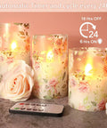 Pink Flameless Candles With Remote Timer, Flickering Glass Pillar Candles For Romantic Vibes shown with rose floral design and remote control