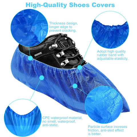 Waterproof Disposable Shoe Covers Non Slip For Indoors And Light Outdoors CPE Plastic Booties shown on a black shoe