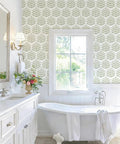 Easy Peel And Stick Green Leaf Wallpaper For Walls Boho Floral Decal Removable Vinyl Wall Covering With Zero Residue Backing in a bathroom.