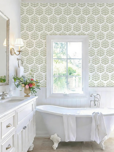 Easy Peel And Stick Green Leaf Wallpaper For Walls Boho Floral Decal Removable Vinyl Wall Covering With Zero Residue Backing in a bathroom.