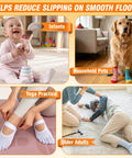Infants, pets, yoga practice, and older adults using Clear Non Slip Adhesive Glue For Fabrics on socks to reduce slipping indoors.