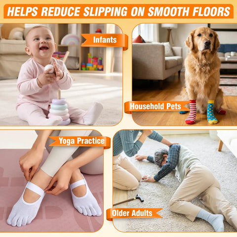 Infants, pets, yoga practice, and older adults using Clear Non Slip Adhesive Glue For Fabrics on socks to reduce slipping indoors.