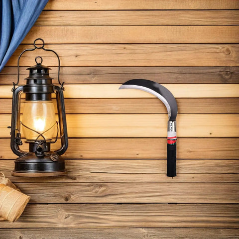 Two Piece Manganese Steel Garden Tool Set With Ergonomic Short Handles on wooden wall, featuring sickle for easy weeding and cutting.