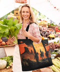 Woman with reusable western desert cowboy style insulated cooler bag with large capacity compartment at a market
