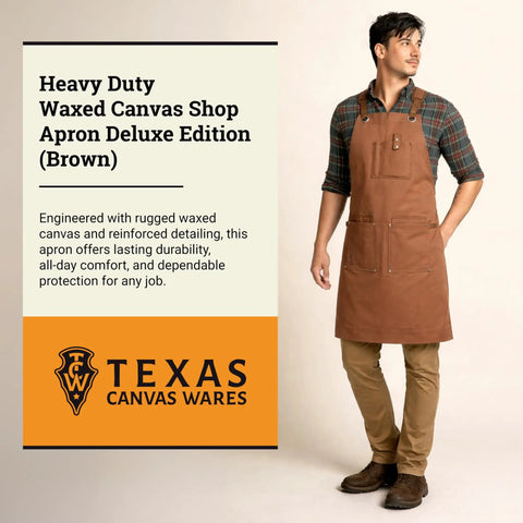 Man wearing heavy duty waxed canvas work apron for men with pockets, cross back adjustable fit from M to XXL, brown color.