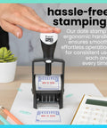 Built Hella Tough Heavy Duty Self Inking Date Stamp Featuring Dual Blue And Red Roller Ink on a desk with received date stamp impression.