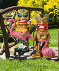 2 Pack Tiki Solar Lights 11.8 Inch Outdoor Tiki Statue Garden Torch Lamps With Flickering Eyes Bar Sign Flamingo Theme