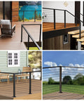 Collage of L Drilled Corner Post 36 Inch Tall 2 By 2 Fixed Top Cable Railing Post Mount One Post Corner Solution Pre Drilled With 10 Pairs 90 Degree Holes Black Finish Stainless Steel Built To Last For Wood And Concrete Level Deck PS02 BC4S in various deck installations.