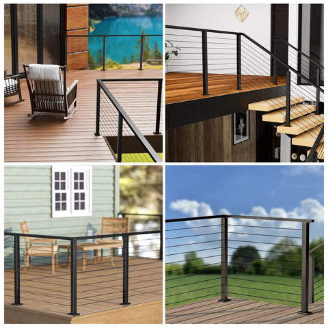 Collage of L Drilled Corner Post 36 Inch Tall 2 By 2 Fixed Top Cable Railing Post Mount One Post Corner Solution Pre Drilled With 10 Pairs 90 Degree Holes Black Finish Stainless Steel Built To Last For Wood And Concrete Level Deck PS02 BC4S in various deck installations.