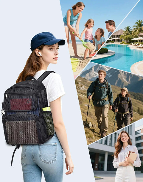 Heavy Duty Mesh Backpack See Through Beach Pool Bag For Travel And Day Trips Rugged Tough As Nails 600D Base In Outdoor Activities