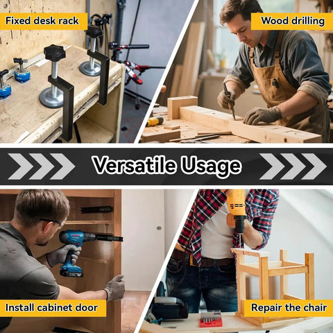 Four Piece Slick G Clamps For Woodworking delivering Beast Grade Grip during wood drilling, fixing desk rack and installing cabinet door.