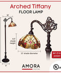 Tiffany Style Arched Floor Lamp With Stained Glass Shade And Jewel Accents, 62 Inch Tall, antique brown finish, UL listed