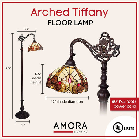 Tiffany Style Arched Floor Lamp With Stained Glass Shade And Jewel Accents, 62 Inch Tall, antique brown finish, UL listed