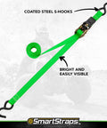 14FT Ratchet Tie Down Straps 4 Pack Featuring Savage 500 Pound Safe Working Load And Quad Winder Design For Pickup Truck ATV Dirt Bike And Lawn Tractor Moving With Badass Comfort Grip To Secure Your Ride And Gear Effortlessly showing bright green strap with coated steel S-hooks.