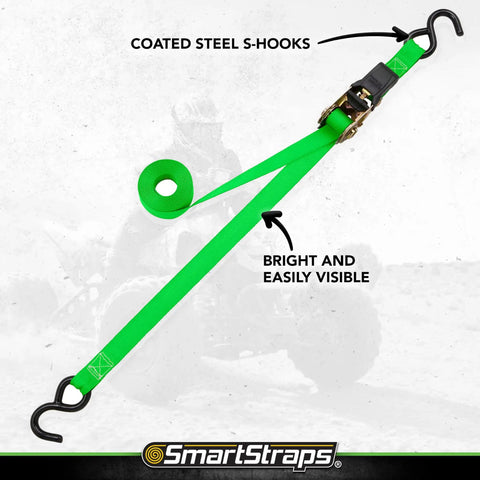 14FT Ratchet Tie Down Straps 4 Pack Featuring Savage 500 Pound Safe Working Load And Quad Winder Design For Pickup Truck ATV Dirt Bike And Lawn Tractor Moving With Badass Comfort Grip To Secure Your Ride And Gear Effortlessly showing bright green strap with coated steel S-hooks.