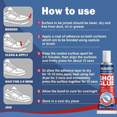 Infographic showing how to use Clear Shoe Glue For Quick Fixes Heavy Duty Shoe Repair Adhesive, with step-by-step instructions.