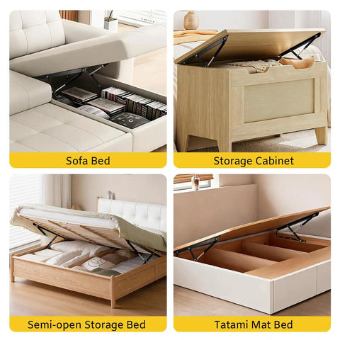 Rugged Steel Bed Lift Mechanism For RV Sofas And Tatami Bunks Got You Cover Rock Solid 48 Pound Capacity Easy Peasy Install Complete Kit With Heavy Duty Hardware, showing various beds with lift mechanisms.