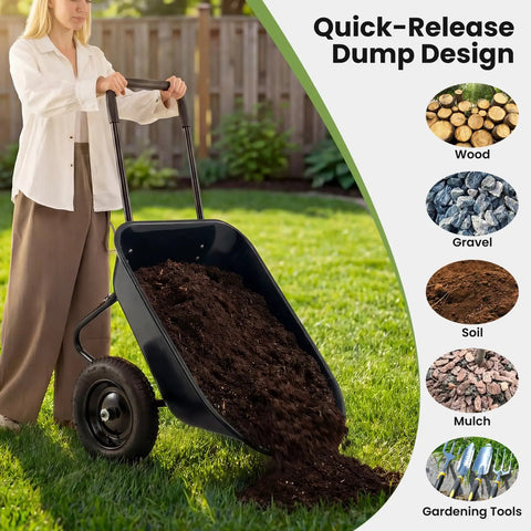 Person using dual wheel wheelbarrow with 14 inch pneumatic tires for moving soil in garden