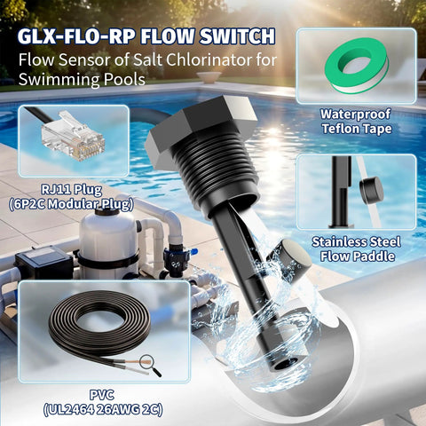 Replacement Flow Switch For Hayward Goldline Aquarite Salt Systems No Tools Needed Easy Install Precise Flow Sensor Direct Fit Durable Metal Body Replaces Common Models For Reliable Water Flow Detection, black threaded flow switch with RJ11 plug, stainless paddle