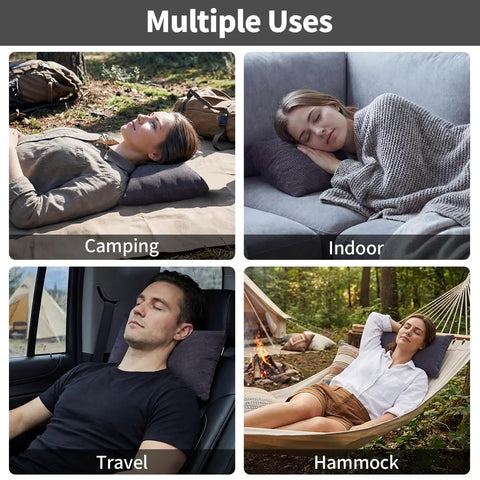 Two Pack Camping Pillows With Plush Fill And Washable Covers used for camping, indoor, travel, and hammock relaxation.