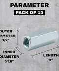 Universal 5/16-18 Threaded Rod Coupler Nut 2 Inch Length 12 Pack Zinc Plated Carbon Steel Hex Extension Fasteners